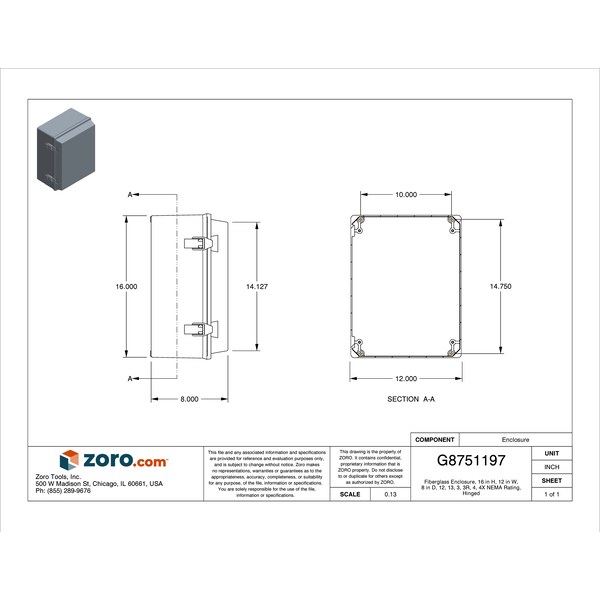 Nvent Hoffman Fiberglass Electrical Enclosures, 16 in H, 8 in D, 12 in W, NEMA 4X, Screw Hinged - A16128JFGQRR