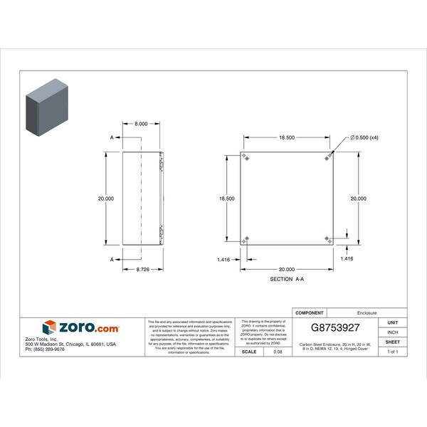 Nvent Hoffman Mild Steel Electrical Enclosures, 20 in H, 8 in D, 20 in W, NEMA 4, 12, Hinged - CSD20208