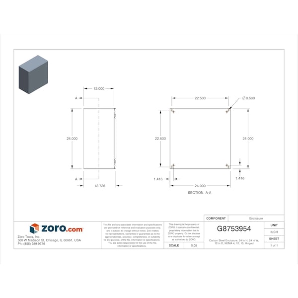 Nvent Hoffman Mild Steel Electrical Enclosures, 24 in H, 12 in D, 24 in W, NEMA 4, 12, Hinged - CSD242412