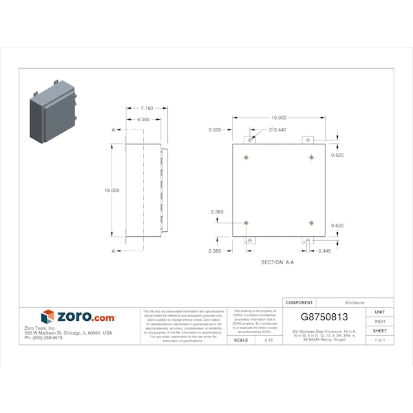 Nvent Hoffman 304 Stainless Steel Electrical Enclosures, 16 in H, 6 in D, 16 in W, NEMA 4X, Hinged - A16H1606SSLP
