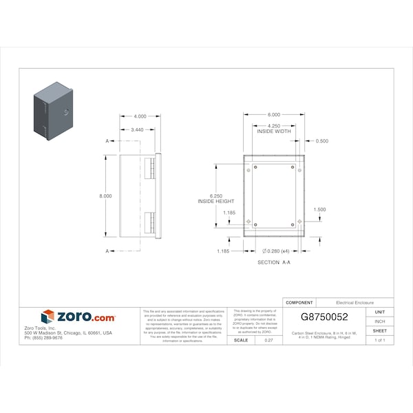 Nvent Hoffman Steel Electrical Enclosures, 8 in H, 4 in D, 6 in W, NEMA 1, Hinged - A8N64