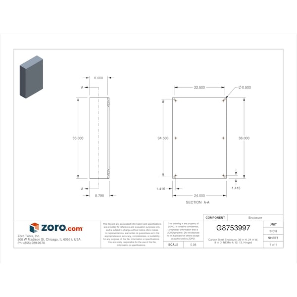 Nvent Hoffman Mild Steel Electrical Enclosures, 36 in H, 8 in D, 24 in W, NEMA 4, 12, Hinged - CSD36248