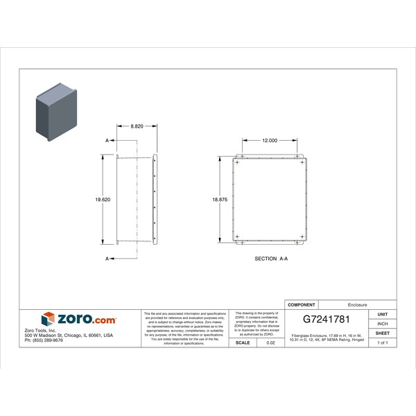 Wiegmann Fiberglass Electrical Enclosures, 17.69 in H, 10.31 in D, 16 in W, NEMA 4X, 6P, 12, Hinged - HW-WHJ181608CHQR