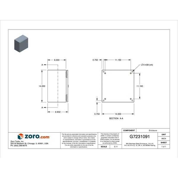 Wiegmann 304 Stainless Steel Electrical Enclosures, 14 in H, 8 in D, 14 in W, NEMA 4X, Hinged - N412141408SSC