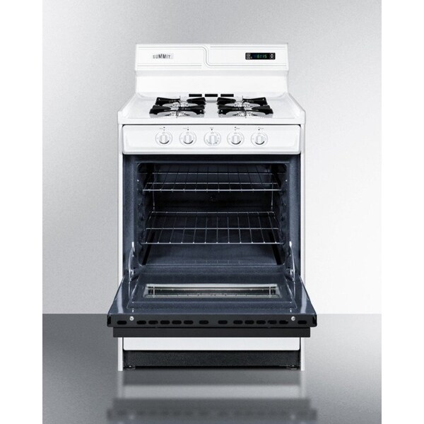 Summit Appliance Div. Summit-DLX Gas Range, Slim 24"W, Electronic, Black Glass Oven Door, White Porcelain Top - WNM6307DK
