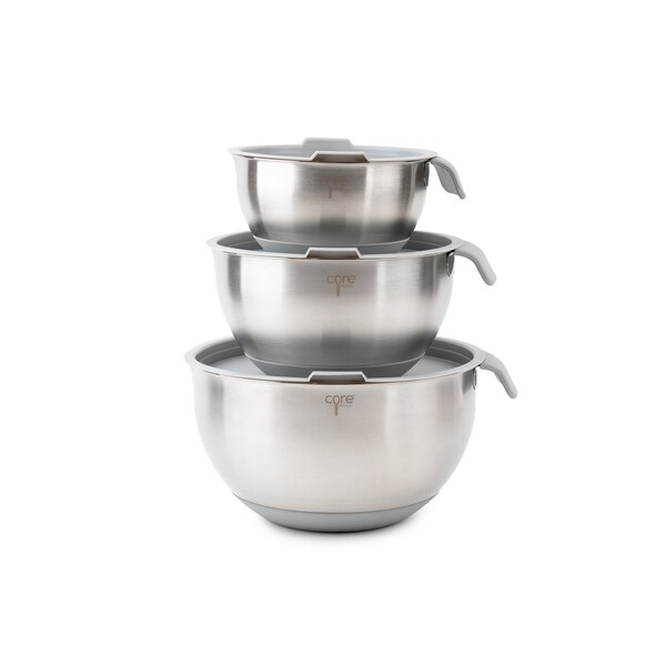 Core Kitchen 6pc Essentials Non-Skid SS Mixing Bowls w/ Lids Set - 1.5qt, 3qt, 5qt - Pewter - 36048