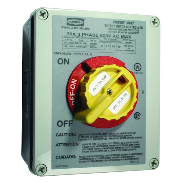 Interruptor de desconexión rotativo de 30A 600V 3P con caja de plástico 4X - HBL13X33D de Hubbell Wiring Device-Kellems