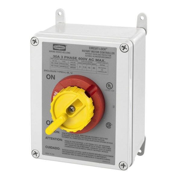 Interruptor de desconexión rotativo de 30A 600V 3P con caja de plástico 4X - HBL13X33D de Hubbell Wiring Device-Kellems