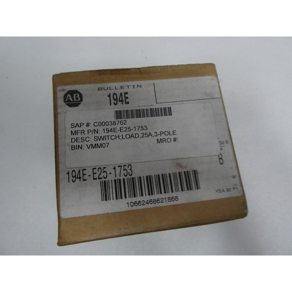 Interruptor de desconexión sin fusibles de 3P 25A 600V-Ac de Allen Bradley - 194E-E25-1753