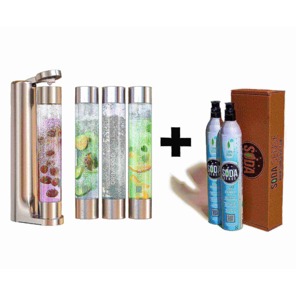 Drinkpod FIZZpod Soda Maker w/TWO CO2 Cylinder- Fizzy Drink Machine w/3 PET Bottles, 3 Caps, 1 Carbonator Cap - DPFZPOD1KS-2-CO2