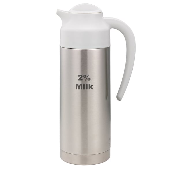 Service Ideas SteelVac Creamer, Etched 2% Milk, Vacuum Insulated Carafe, Stainless Vacuum, 1 Liter - S2SN1002PCTETWHT