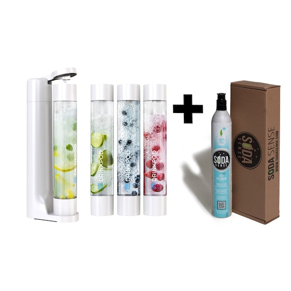 Drinkpod FIZZpod Soda Maker w/CO2 Cylinder- Fizzy Drink Machine w/3 PET Bottles, 3 Caps, 1 Carbonator Cap - DPFZPOD1KW-CO2