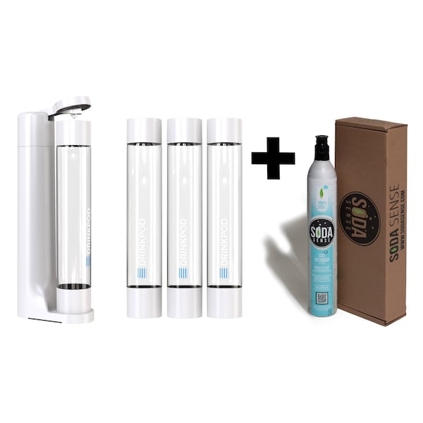 Drinkpod FIZZpod Soda Maker w/CO2 Cylinder- Fizzy Drink Machine w/3 PET Bottles, 3 Caps, 1 Carbonator Cap - DPFZPOD1KW-CO2