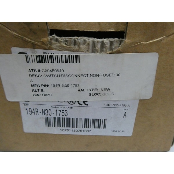 Interruptor de desconexión no fusible Allen Bradley de 3 polos 30 amperios 600V CA - 194R-N30-1753
