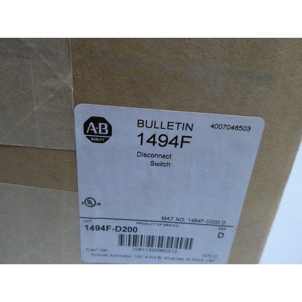 Interruptor de desconexión fusible Allen Bradley de 3 polos 200A 600V-AC - 1494F-D200