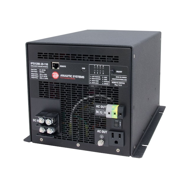 Analytic Systems Power Inverter, Pure Sine Wave, 1,200 W Continuous, 3 Outlets - IPSI1200-20-110