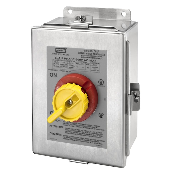Hubbell Wiring Device-Kellems Interruptores y Controles de Iluminación, Grado Industrial, Gabinetes con Interruptor, Desconexiones de Motor, Tres Polos, 60A 600V CA, Tornillos de Terminal Cableados Frontalmente - HBL16S63D