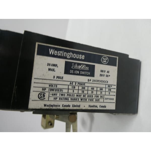 Interruptor de desconexión de fusible Westinghouse VISI-FLEX DE-ION 3P 30A AMP 600V-AC 250V-DC - 2607D63G01.