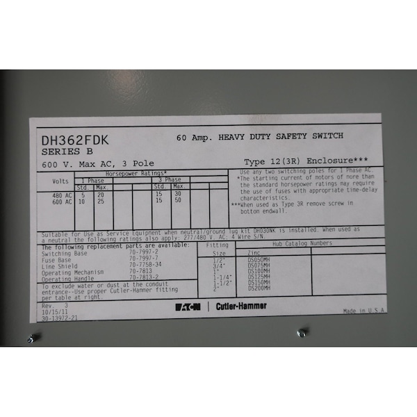 Interruptor de desconexión de fusible Eaton Cutler-Hammer 3 polos 60A AMP 600V-AC - DH362FDK