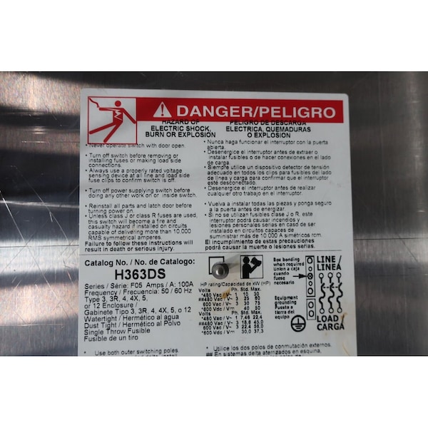 Interruptor de desconexión de fusibles Square D 3P 100A 480/600V-AC - H363DS