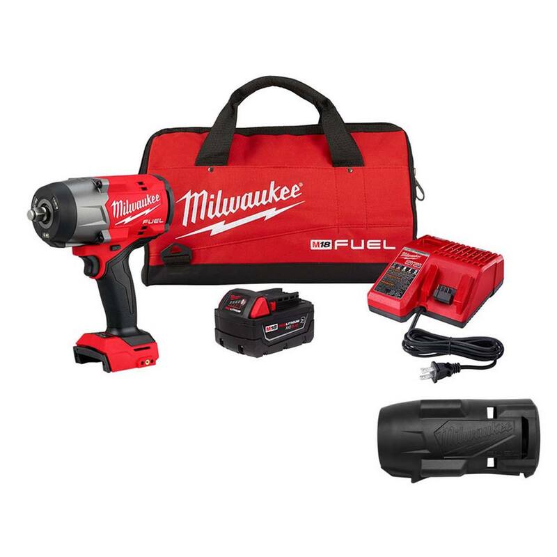 Milwaukee M18 FUEL 18V Llave de impacto inalámbrica sin escobillas de litio de 1/2 pulgadas con anillo de fricción, kit con bota protectora - 2967-21B-49-16-2967