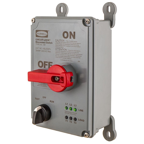 Interruptor de desconexión no fusible Hubbell con control manual, 30 A, 600V AC, 3 polos, NEMA 4X - HBLDS3PJ.