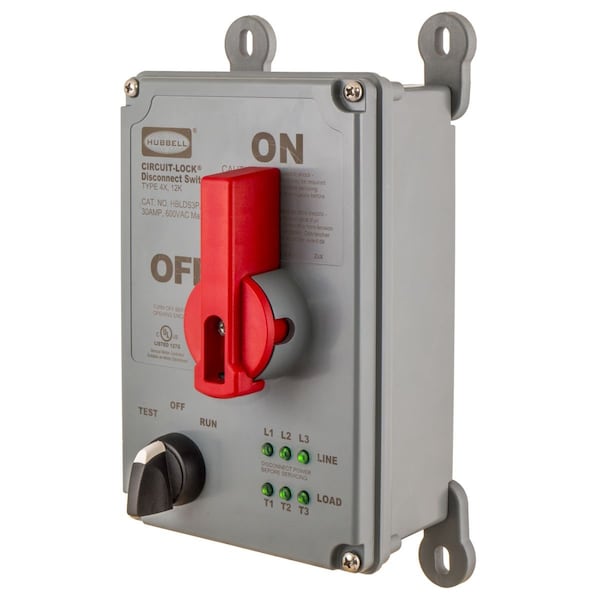 Interruptor de desconexión no fusible Hubbell con control manual, 30 A, 600V AC, 3 polos, NEMA 4X - HBLDS3PJ.