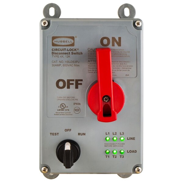 Interruptor de desconexión no fusible Hubbell con control manual, 30 A, 600V AC, 3 polos, NEMA 4X - HBLDS3PJ.