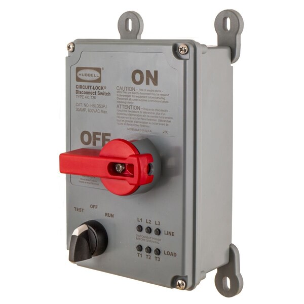 Interruptor de desconexión no fusible Hubbell con control manual, 30 A, 600V AC, 3 polos, NEMA 4X - HBLDS3PJ.