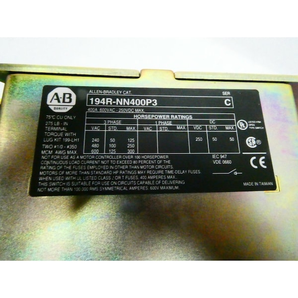 Allen Bradley 3P 400A AMP 600V-AC Interruptor de desconexión NO FUSIBLE - 194R-NN400P3
