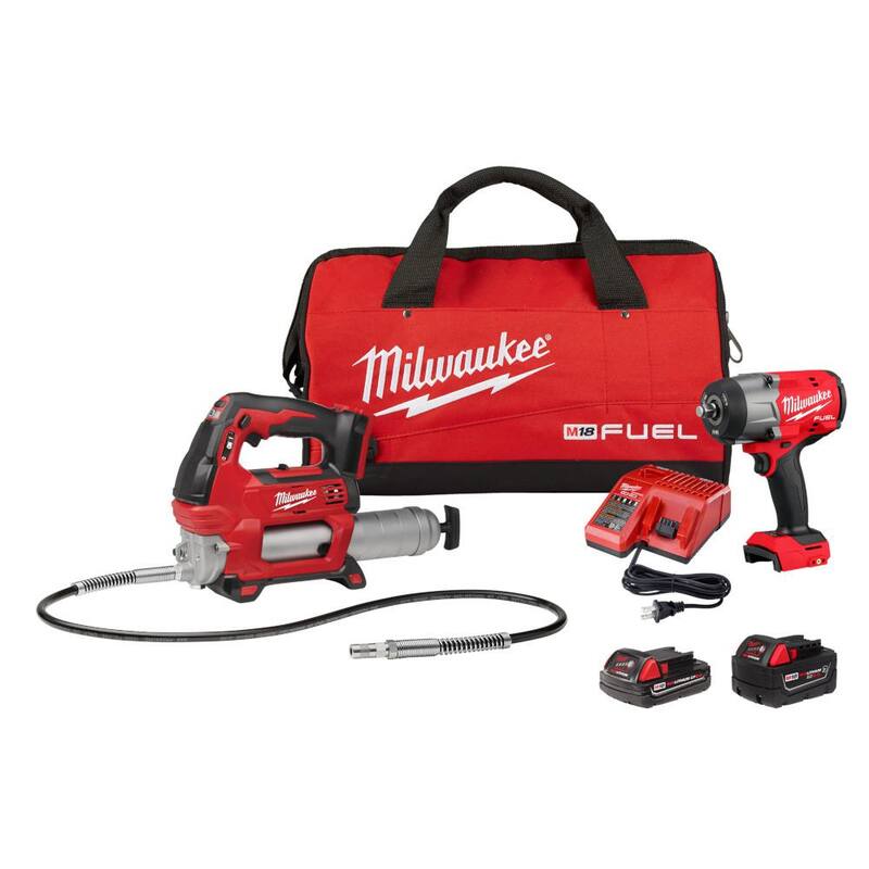 Milwaukee M18 FUEL 18V Llithium-Ion Brushless Cordless High Torque 1/2 in. Llave de Impacto con Anillo de Fricción y Kit Combo de Pistola de Grasa - 2967-22GG