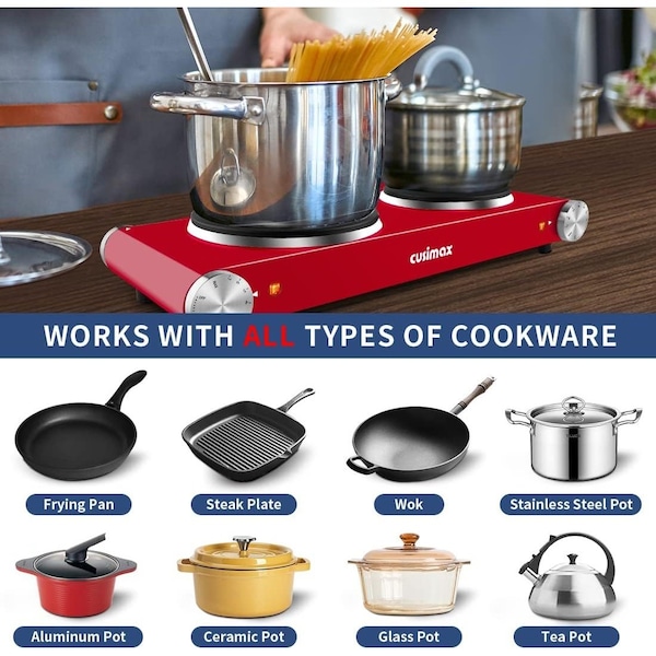 Cusimax Double Hot Plate, 1800W Portable Electric Burner For Cooking, Cast Iron Electric Stove, Red - CMHP-B201R