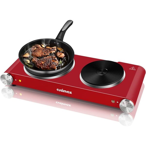 Cusimax Double Hot Plate, 1800W Portable Electric Burner For Cooking, Cast Iron Electric Stove, Red - CMHP-B201R