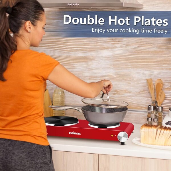 Cusimax Double Hot Plate, 1800W Portable Electric Burner For Cooking, Cast Iron Electric Stove, Red - CMHP-B201R