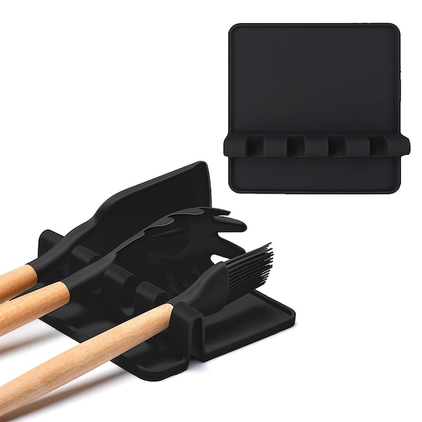 1947Kitchen Non-Slip Heat Resistant Silicone Multiple Utensil Rest With Drip Pad, Black - TI-NORUS-BLA