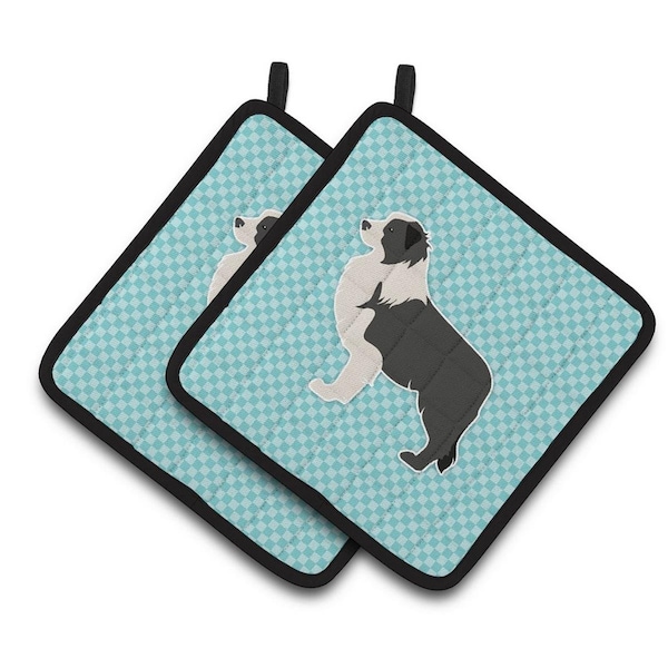 Carolines Treasures Black Border Collie Checkerboard Blue Pair of Pot Holders - BB3723PTHD