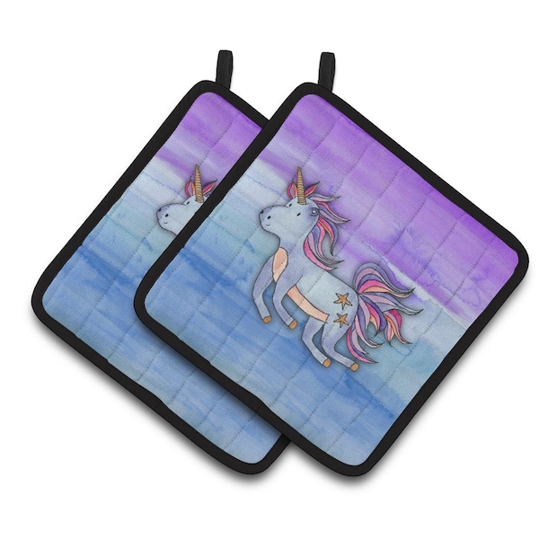 Carolines Treasures Blue Unicorn Watercolor Pair of Pot Holders - BB7433PTHD