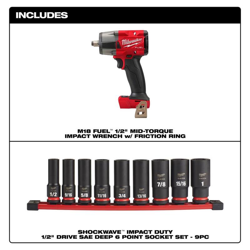 Llave de Impacto Inalámbrica Milwaukee M18 FUEL Gen-2 de 18V con Tecnología de Iones de Litio sin Escobillas de Medio Torque de 1/2 pulgadas (Herramienta solo) con juego de 9 piezas de dados - 2962-20-49-66-7022