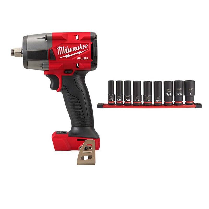 Llave de Impacto Inalámbrica Milwaukee M18 FUEL Gen-2 de 18V con Tecnología de Iones de Litio sin Escobillas de Medio Torque de 1/2 pulgadas (Herramienta solo) con juego de 9 piezas de dados - 2962-20-49-66-7022