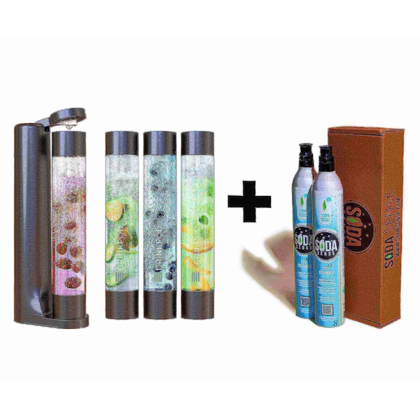 Drinkpod FIZZpod Soda Maker w/TWO CO2 Cylinder- Fizzy Drink Machine w/3 PET Bottles, 3 Caps, 1 Carbonator Cap - DPFZPOD1KB-2-CO2