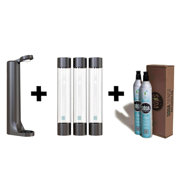 Drinkpod FIZZpod Soda Maker w/TWO CO2 Cylinder- Fizzy Drink Machine w/3 PET Bottles, 3 Caps, 1 Carbonator Cap - DPFZPOD1KB-2-CO2