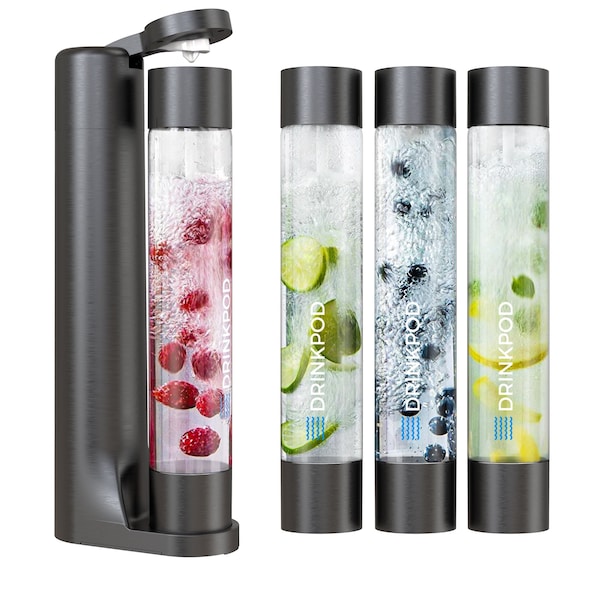 Drinkpod FIZZpod Soda Maker w/CO2 Cylinder- Fizzy Drink Machine w/3 PET Bottles, 3 Caps, 1 Carbonator Cap - DPFZPOD1KB-CO2