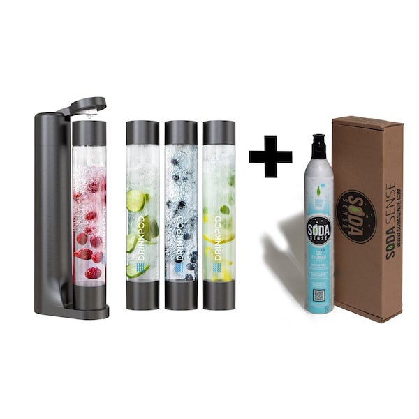Drinkpod FIZZpod Soda Maker w/CO2 Cylinder- Fizzy Drink Machine w/3 PET Bottles, 3 Caps, 1 Carbonator Cap - DPFZPOD1KB-CO2