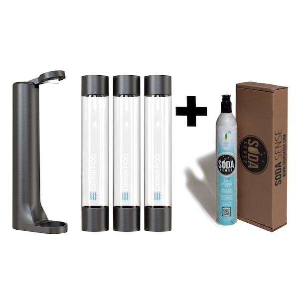 Drinkpod FIZZpod Soda Maker w/CO2 Cylinder- Fizzy Drink Machine w/3 PET Bottles, 3 Caps, 1 Carbonator Cap - DPFZPOD1KB-CO2