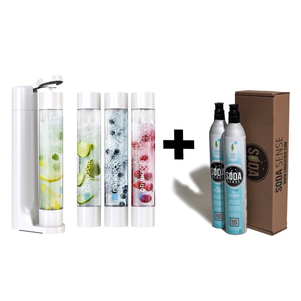 Drinkpod FIZZpod Soda Maker w/TWO CO2 Cylinder- Fizzy Drink Machine w/3 PET Bottles, 3 Caps, 1 Carbonator Cap - DPFZPOD1KW-2-CO2