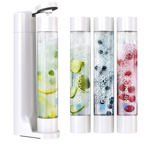 Drinkpod FIZZpod Soda Maker w/TWO CO2 Cylinder- Fizzy Drink Machine w/3 PET Bottles, 3 Caps, 1 Carbonator Cap - DPFZPOD1KW-2-CO2