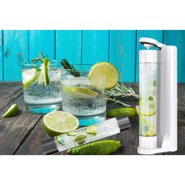 Drinkpod FIZZpod Soda Maker w/TWO CO2 Cylinder- Fizzy Drink Machine w/3 PET Bottles, 3 Caps, 1 Carbonator Cap - DPFZPOD1KW-2-CO2