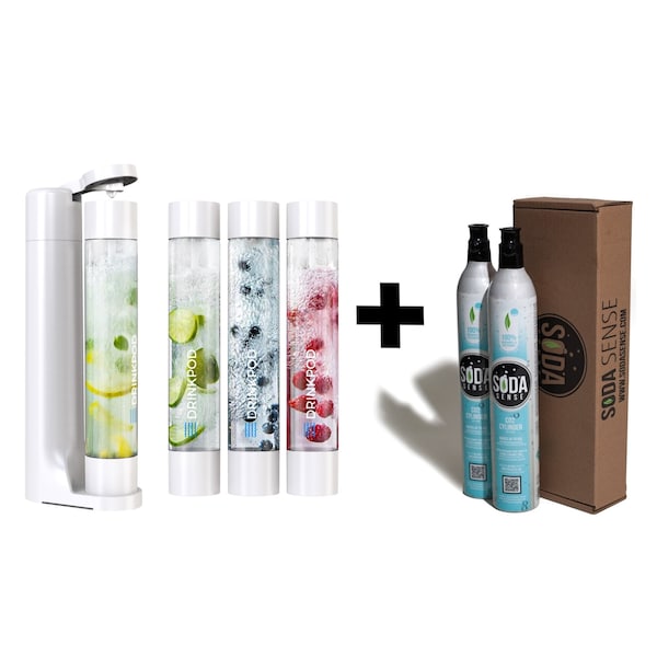 Drinkpod FIZZpod Soda Maker w/TWO CO2 Cylinder- Fizzy Drink Machine w/3 PET Bottles, 3 Caps, 1 Carbonator Cap - DPFZPOD1KW-2-CO2
