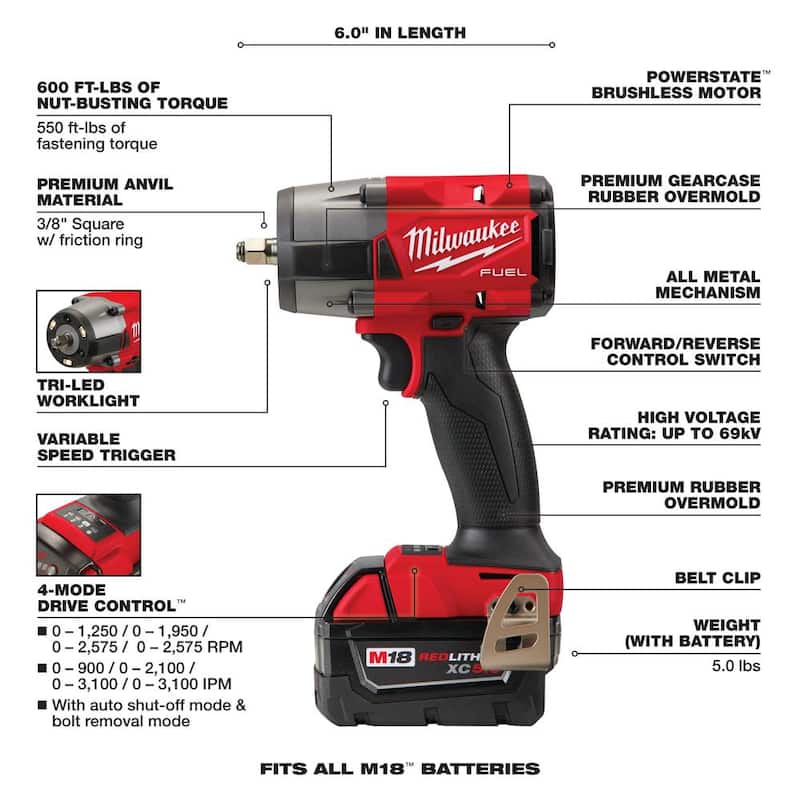 Milwaukee M18 FUEL 18V Llithium-Ion Brushless Cordless 3/8 in. Llave de Impacto de Medio Torque con Anillo de Fricción Kit, Baterías Resistentes - 2960-22R
