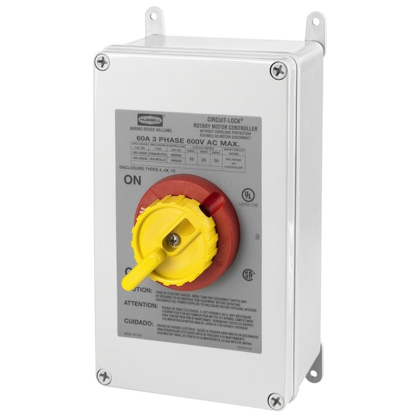 Dispositivos de cableado Hubbell Wiring Device-Kellems interruptores y controles de iluminación, grado industrial, cajas con interruptor, desconectores de motor, tres polos, 60A 600V AC, tornillos de terminal cableados frontalmente - HBL16X63D.